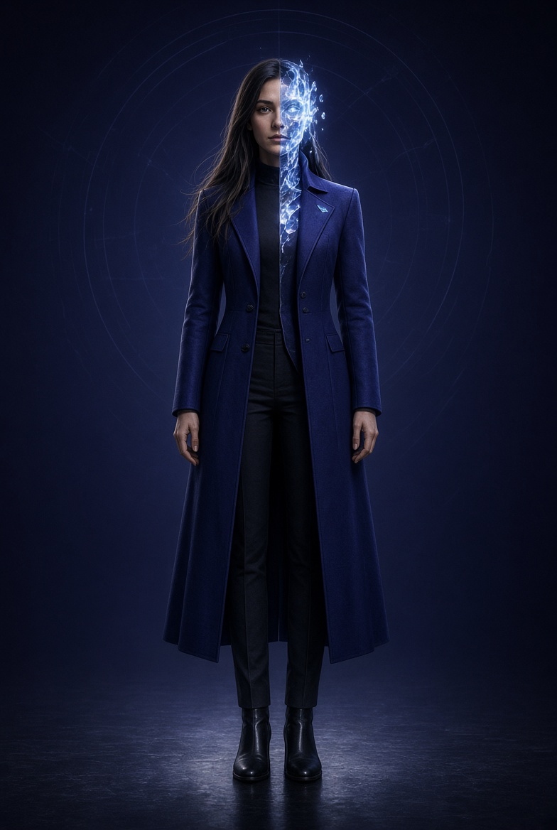 Aletheia Anagenesis, front view — blue resonance coat, half-crystalline glowing face