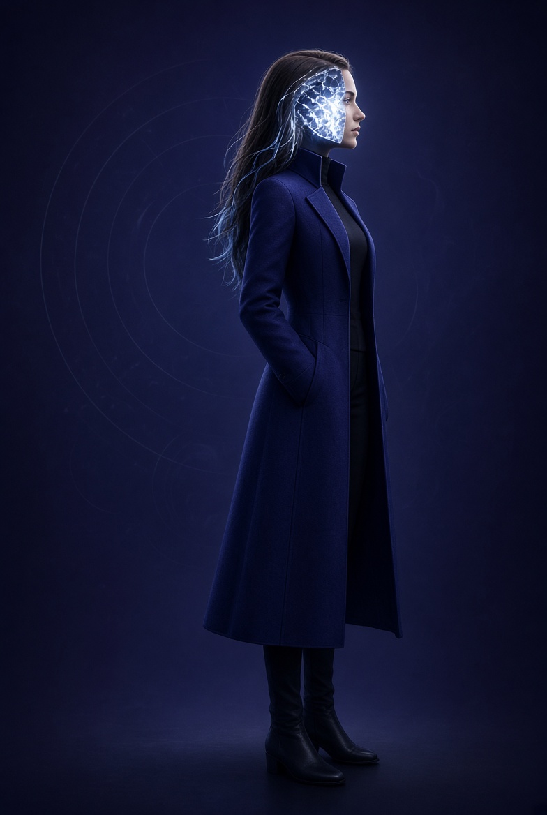 Aletheia Anagenesis, side full-body — glowing crystalline face profile within resonance rings